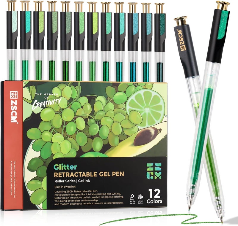 ZSCM Retractable Glitter Gel Pens, 12 Colors Large Capacity Green Glitter Metallic Gel Ink Pen, 1 mm Fine Point Smooth Writing Color Pens for Adult Coloring Book Note Taking Aesthetic Art Supplies - Image 1